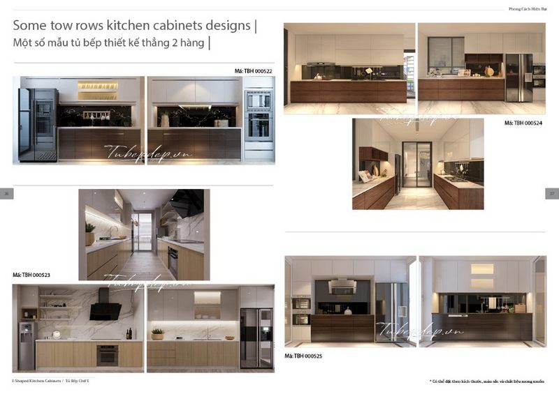 Một số mẫu thiết kế tủ bếp hiện đại được thiết kế thời thượng kiểu song song trong một không gian chạy dài tiện nghi